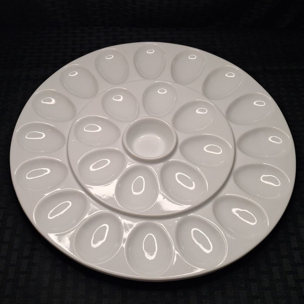 Crate & Barrel 13" Deviled Egg Platter 24 Count White Porcelain BIA Bret Bortner